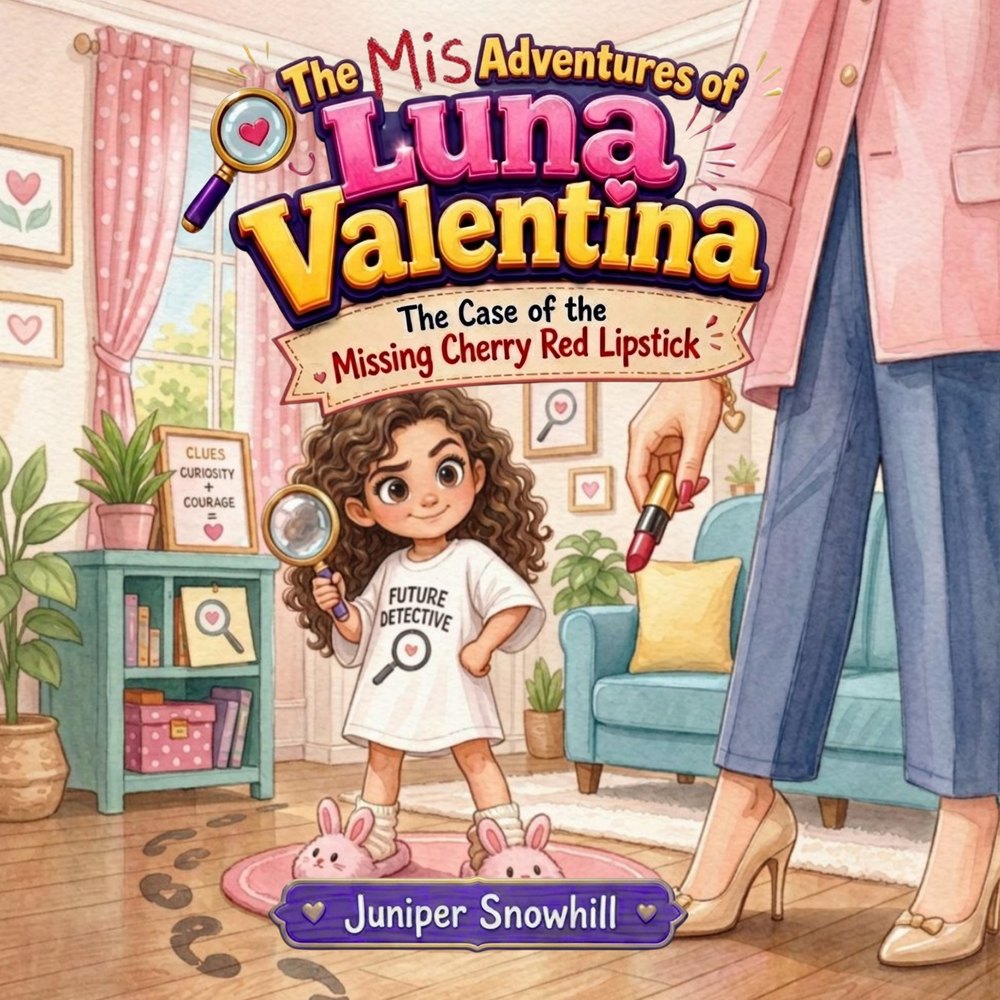 Cover of The Mis-Adventures of Luna Valentina: The Case of the Missing Cherry Red Lipstick, showing a young girl detective with a magnifying glass