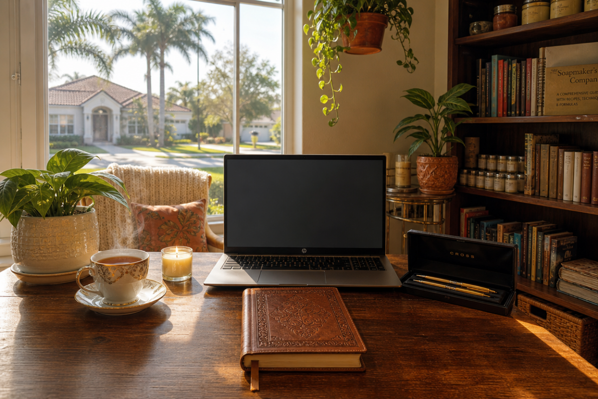 Juniper Snowhill's cozy writing desk with tea, candle, and leather journal